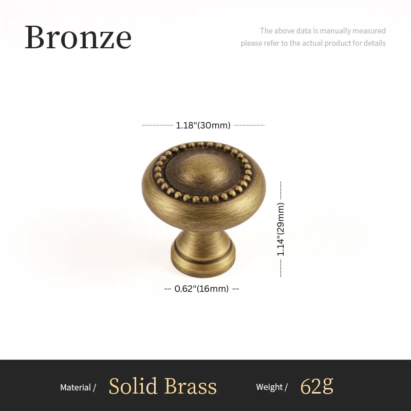 Bronze cabinet knob with measurements on a white background
