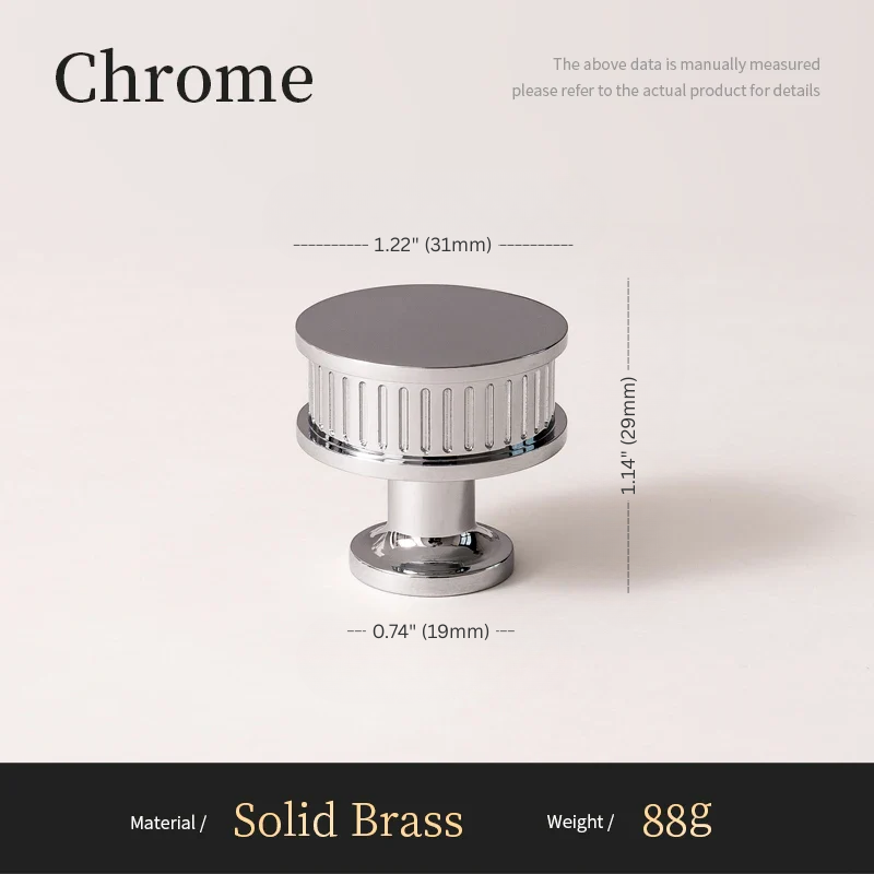 Chrome cabinet knob with dimensions and material details on a light background