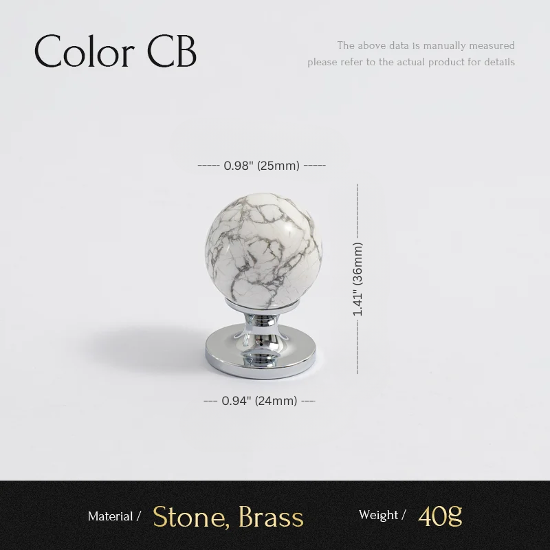Marble-patterned object with brass base on a gray background, showing measurements and material details.