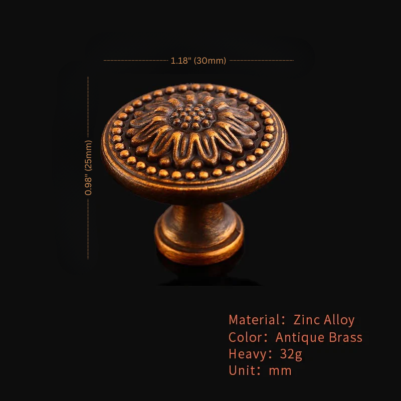 Antique brass cabinet knob with measurements and material details on a black background