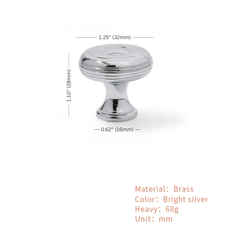 Chrome cabinet knob with dimensions and material details on a white background
