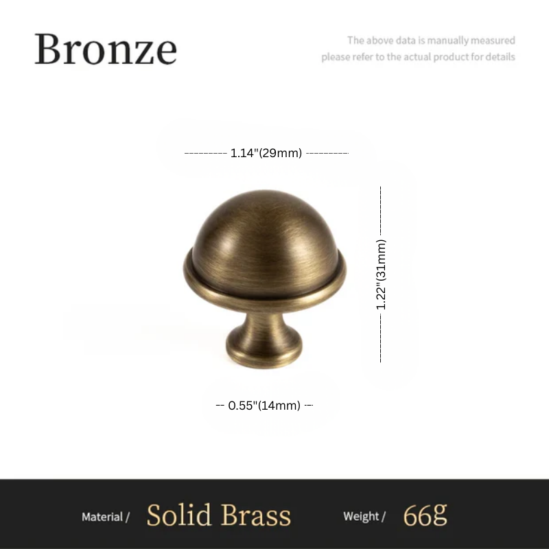 Bronze cabinet knob with measurements on a white background
