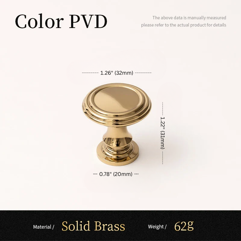 Gold cabinet knob with measurements and material details on a white background
