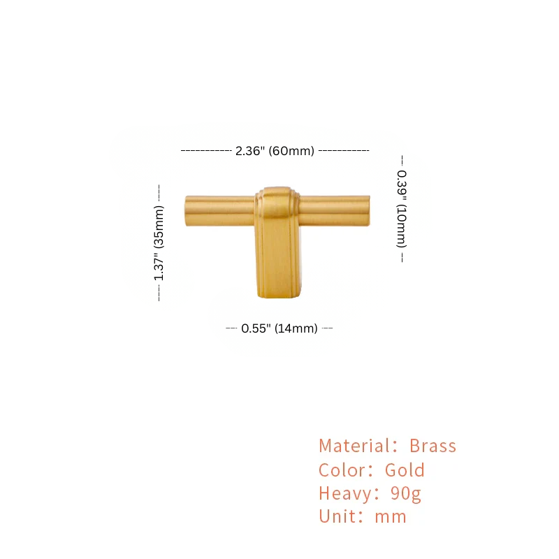 Gold metal bracket with dimensions and material details on a white background