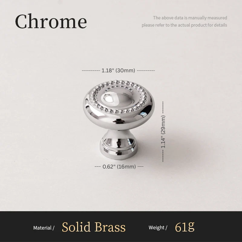Chrome cabinet knob with measurements on a light gray background