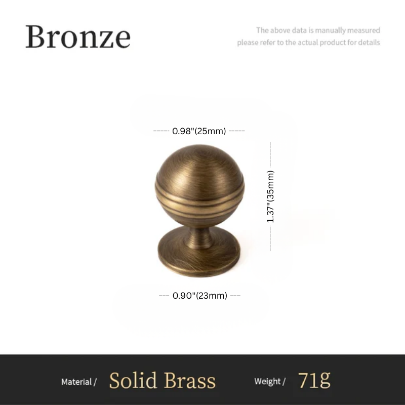 Bronze cabinet knob with measurements and material details on a white background