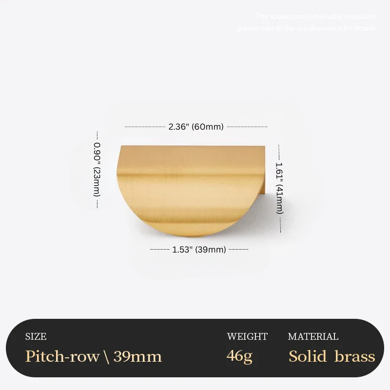 Gold half-circle object with measurements and material details on a white background