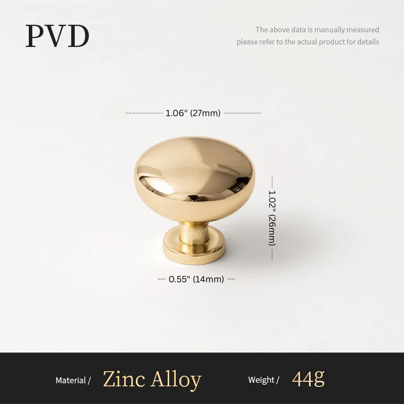 Gold cabinet knob with measurements on a white background