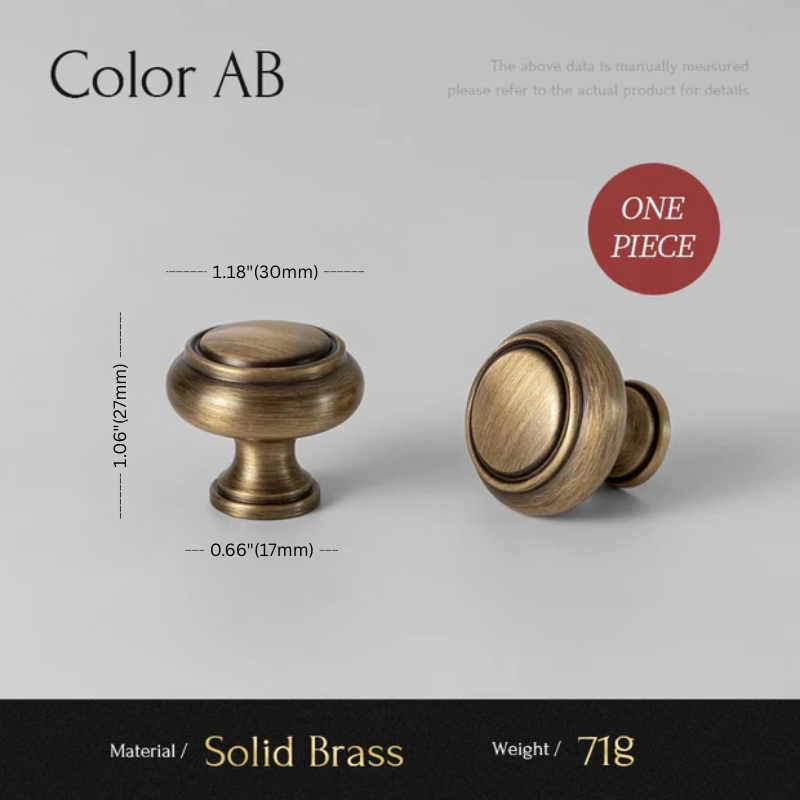 Solid brass cabinet knob with dimensions and material details on a gray background
