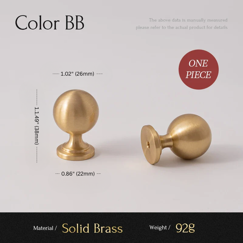 Two solid brass door knobs with measurements and material details on a light gray background.