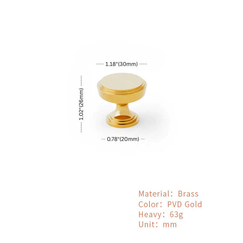 Gold cabinet knob with measurements and material details on a white background