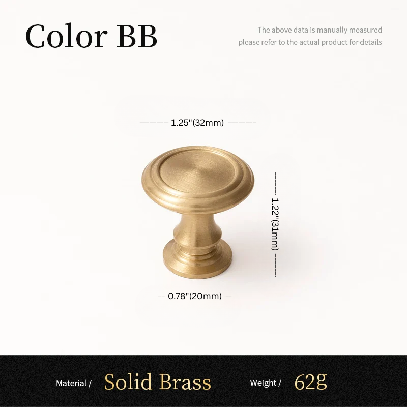 Gold cabinet knob with measurements and material details on a white background