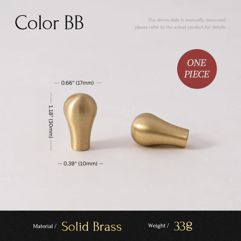 Two solid brass knobs with measurements and material details on a light gray background.