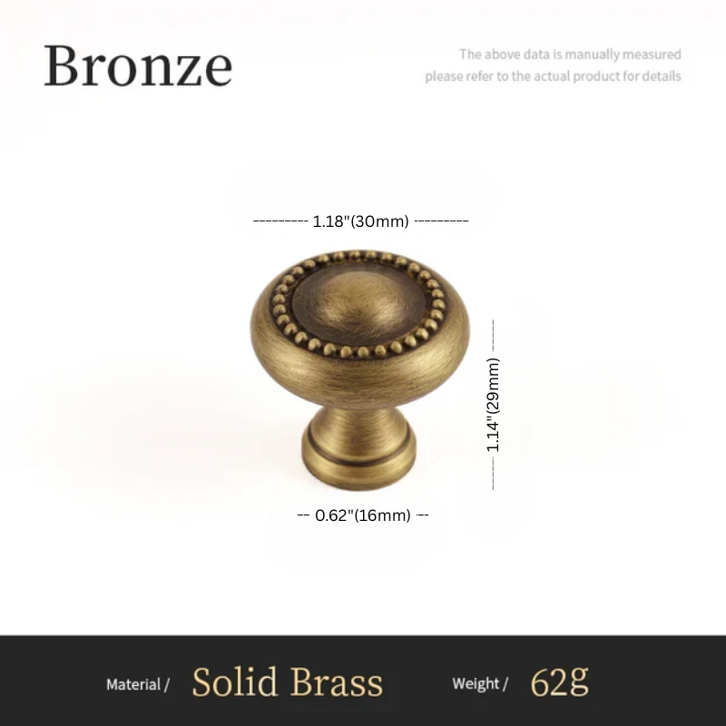 Bronze cabinet knob with measurements on a white background