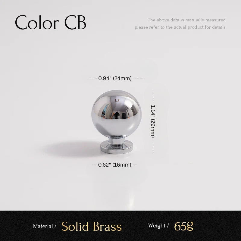 Chrome spherical knob with measurements on a white background