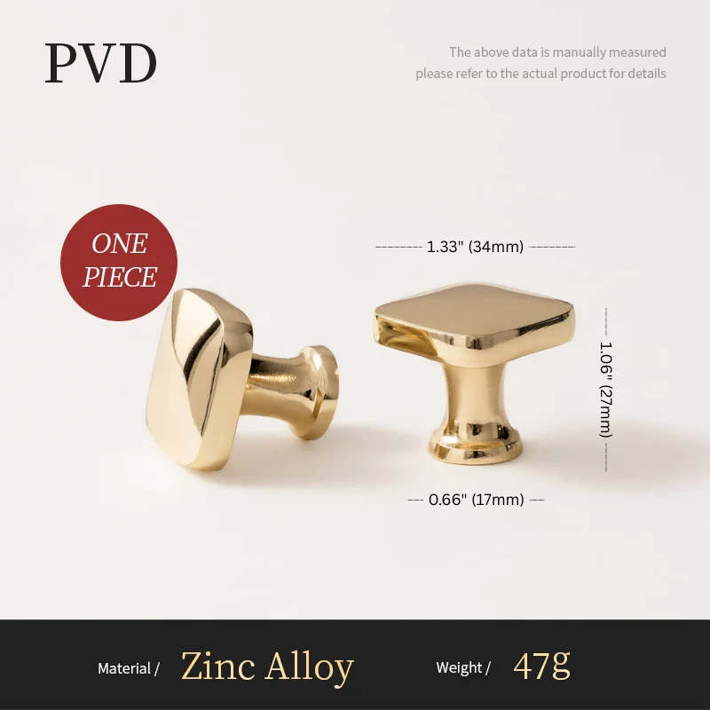 Gold cabinet knobs with measurements and material details on a white background