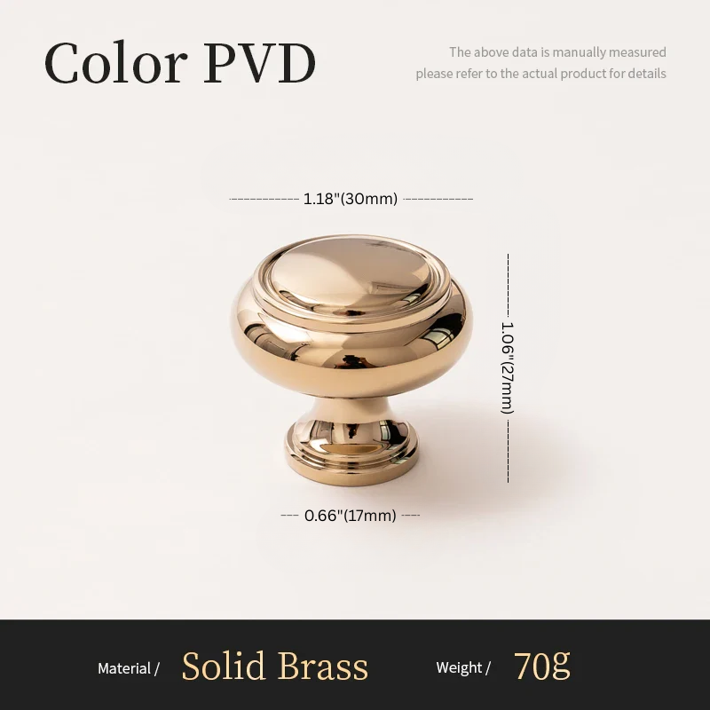 Gold cabinet knob with measurements on a white background