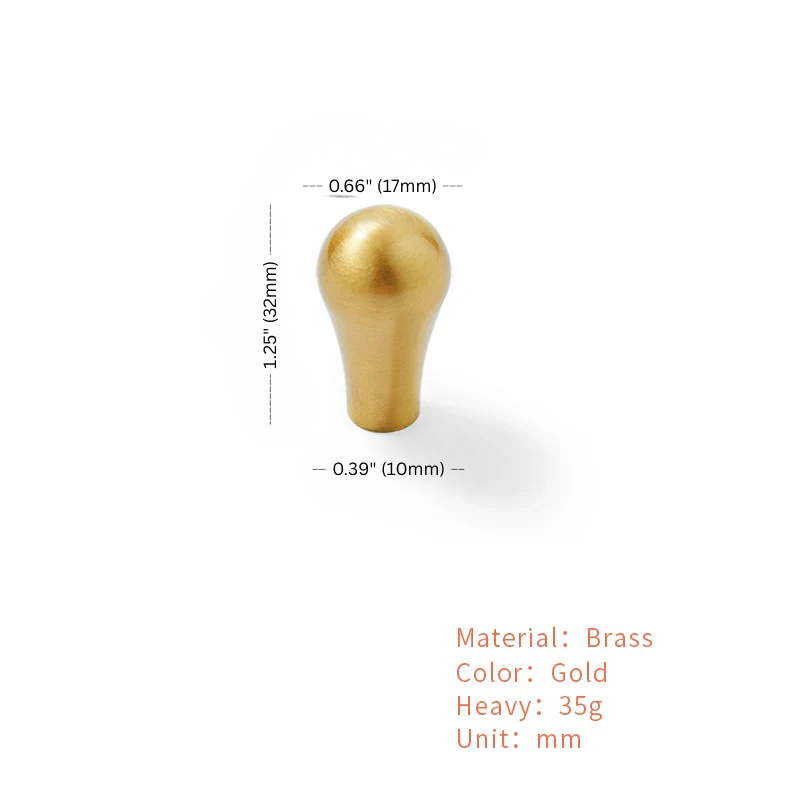 Gold knob with measurements and material details on a white background