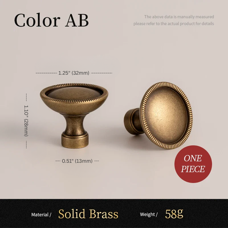 Solid brass cabinet knob with measurements and material details on a beige background