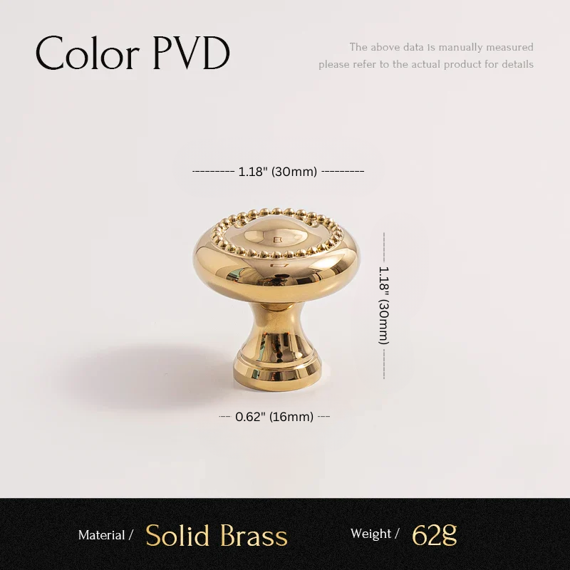 Gold cabinet knob with measurements and material details on a white background