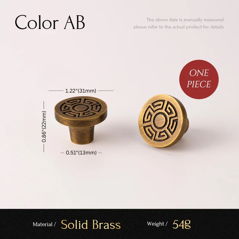 Two brass cabinet knobs with measurements and material details on a light background