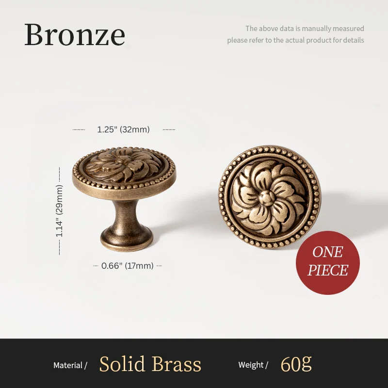 Bronze cabinet knobs with measurements and material details on a white background