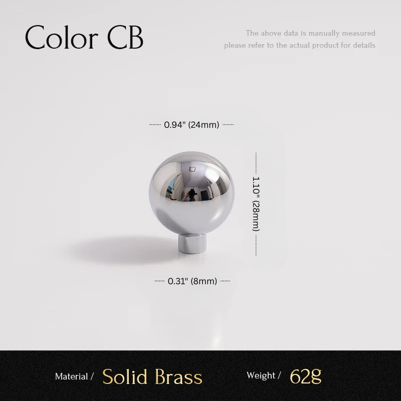 Solid brass ball with dimensions and material details on a white background