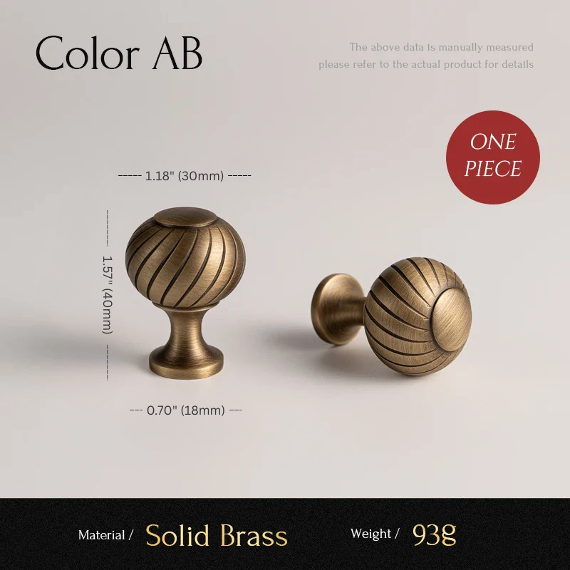 Two solid brass cabinet knobs with measurements and material details on a light gray background.
