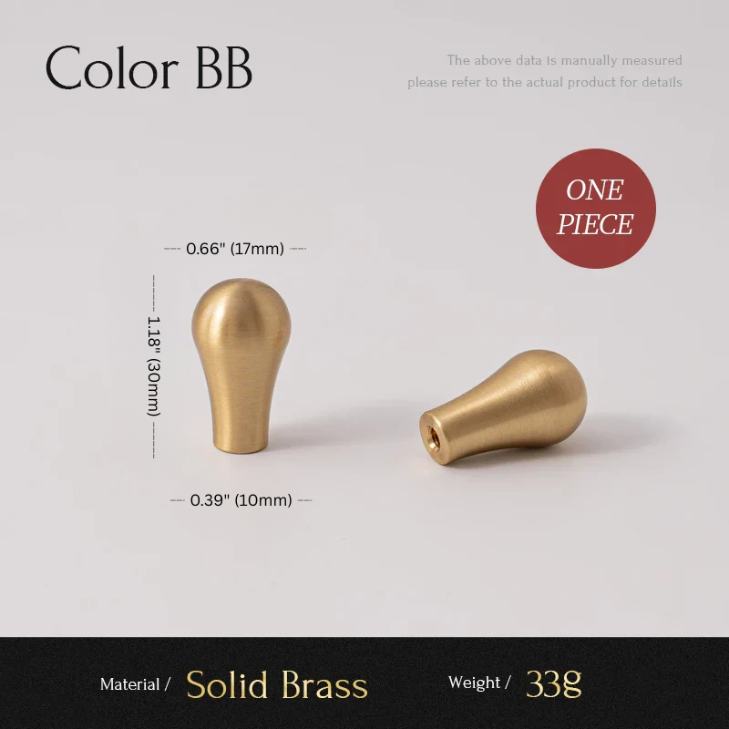 Two gold knobs with measurements and material details on a white background