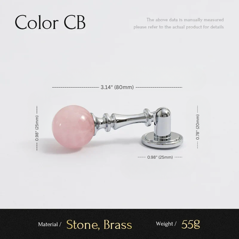 Pink stone and brass hardware with measurements on a white background