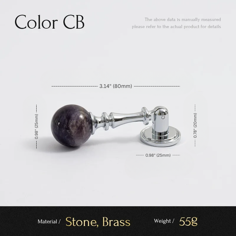 Decorative knob with stone and brass components, shown with measurements and material details.