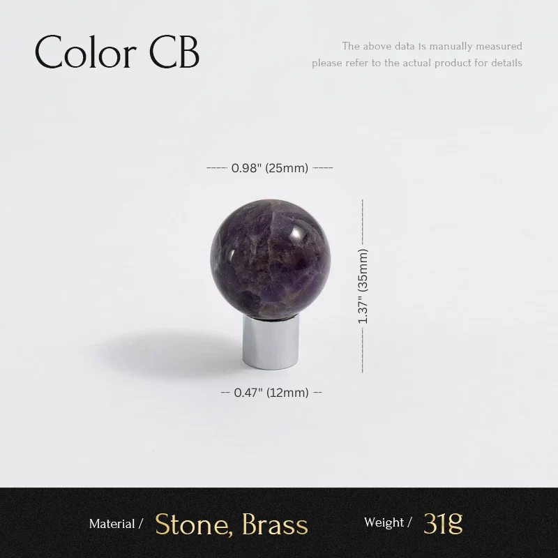 Measurement chart for a purple stone with brass base on a white background