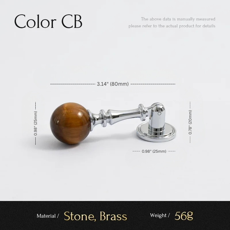 Wooden knob with silver hardware on a white background, showing measurements and material details.