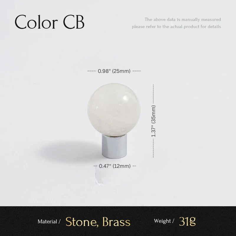Measurement chart for a decorative knob with stone and brass components on a white background.