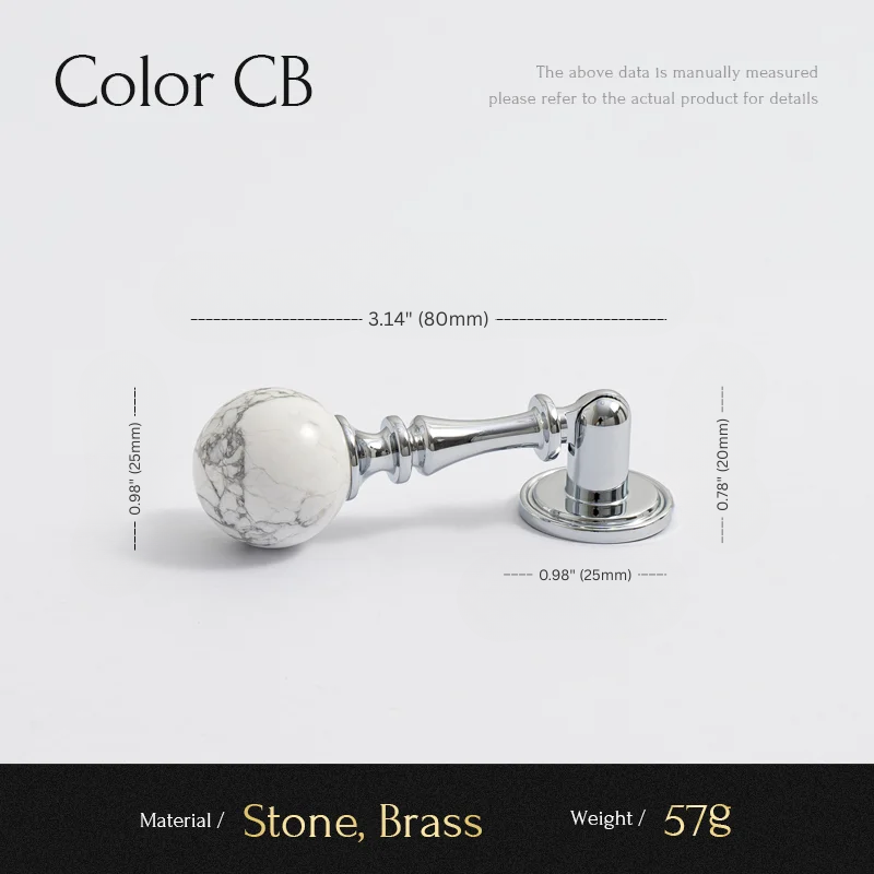 Decorative knob with marble finish and brass accents, shown with measurements and material details on a white background.