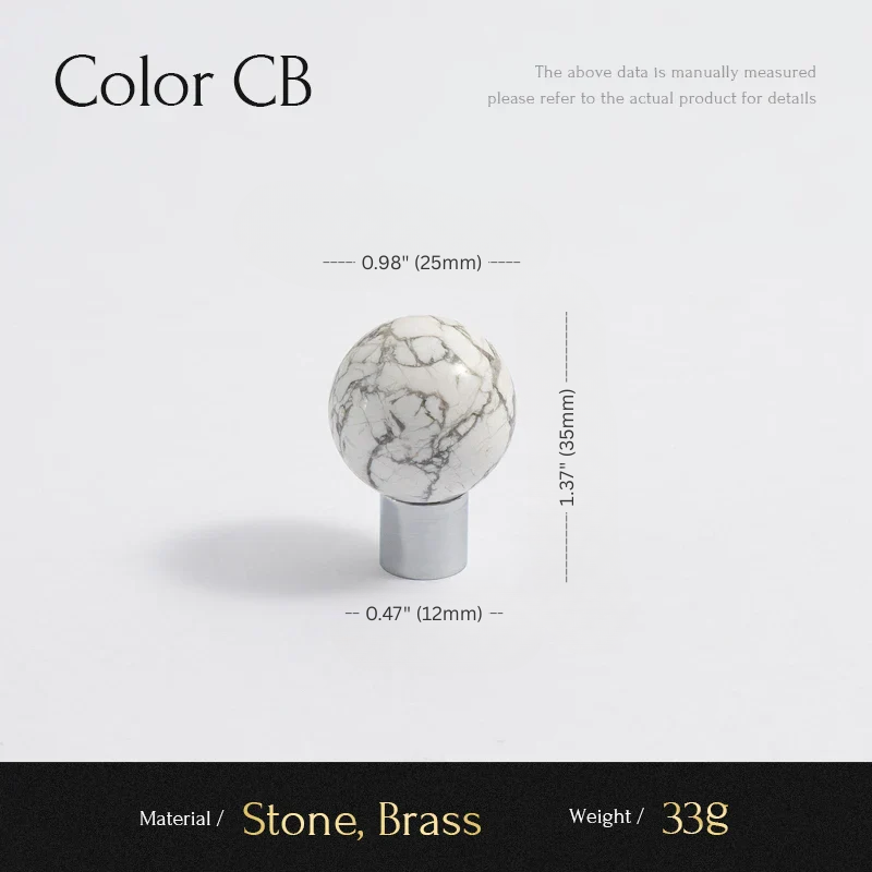 Marble-textured knob with measurements and product details on a white background