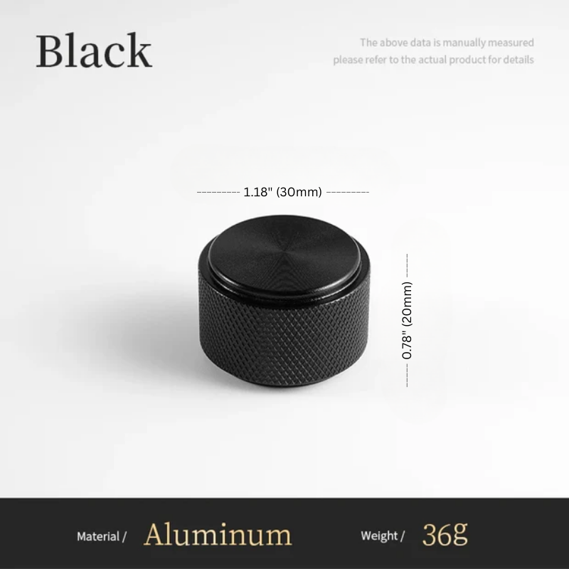 Black metallic knob with measurements and material details on a white background