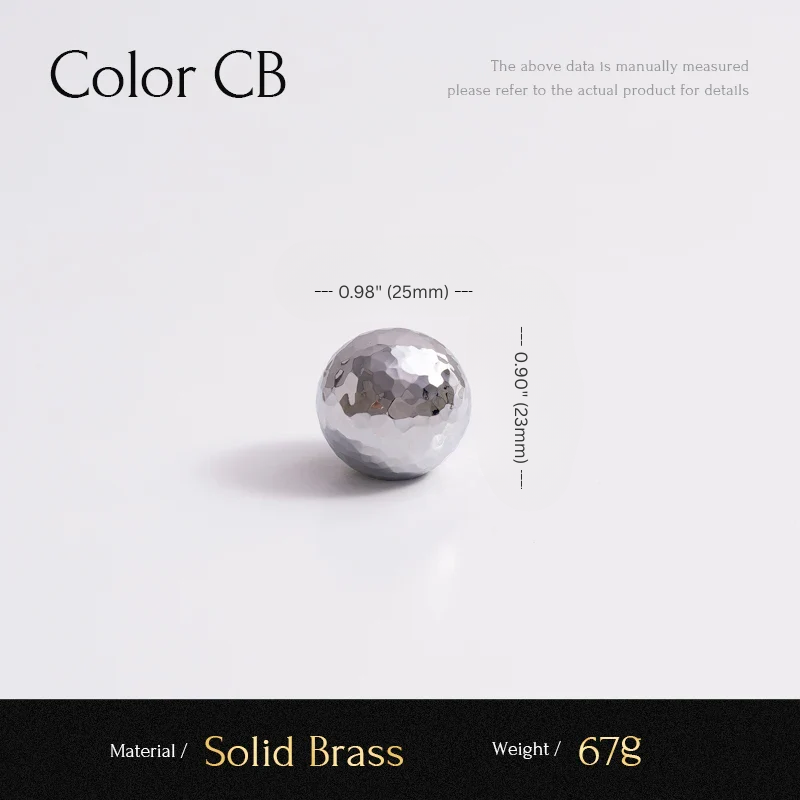 Silver spherical object with measurements and material details on a white background