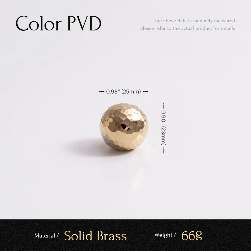 Gold-colored spherical object with measurements and material details on a light gray background