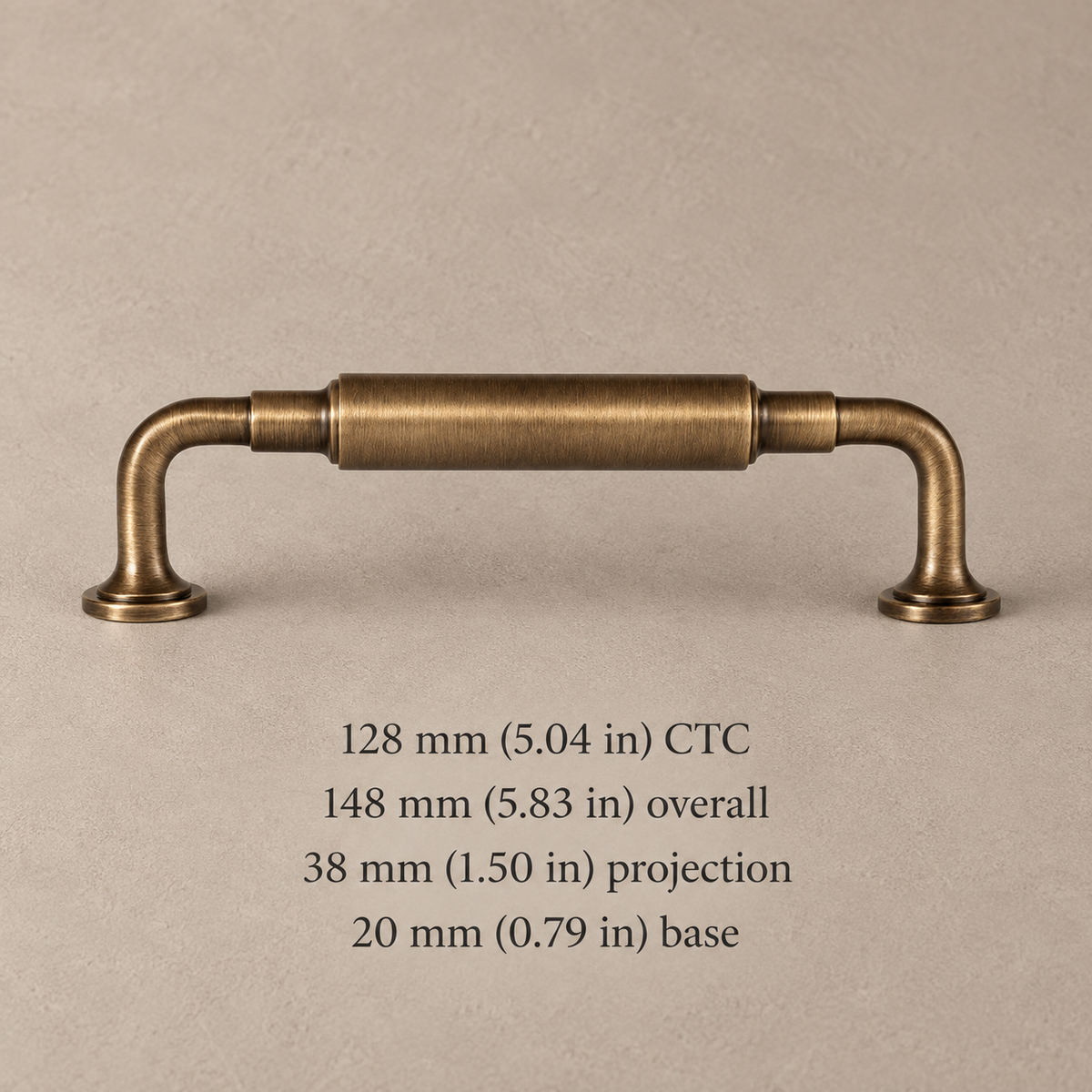 Antique brass knuckle bar pull, 128 mm (5.04 in) hole spacing