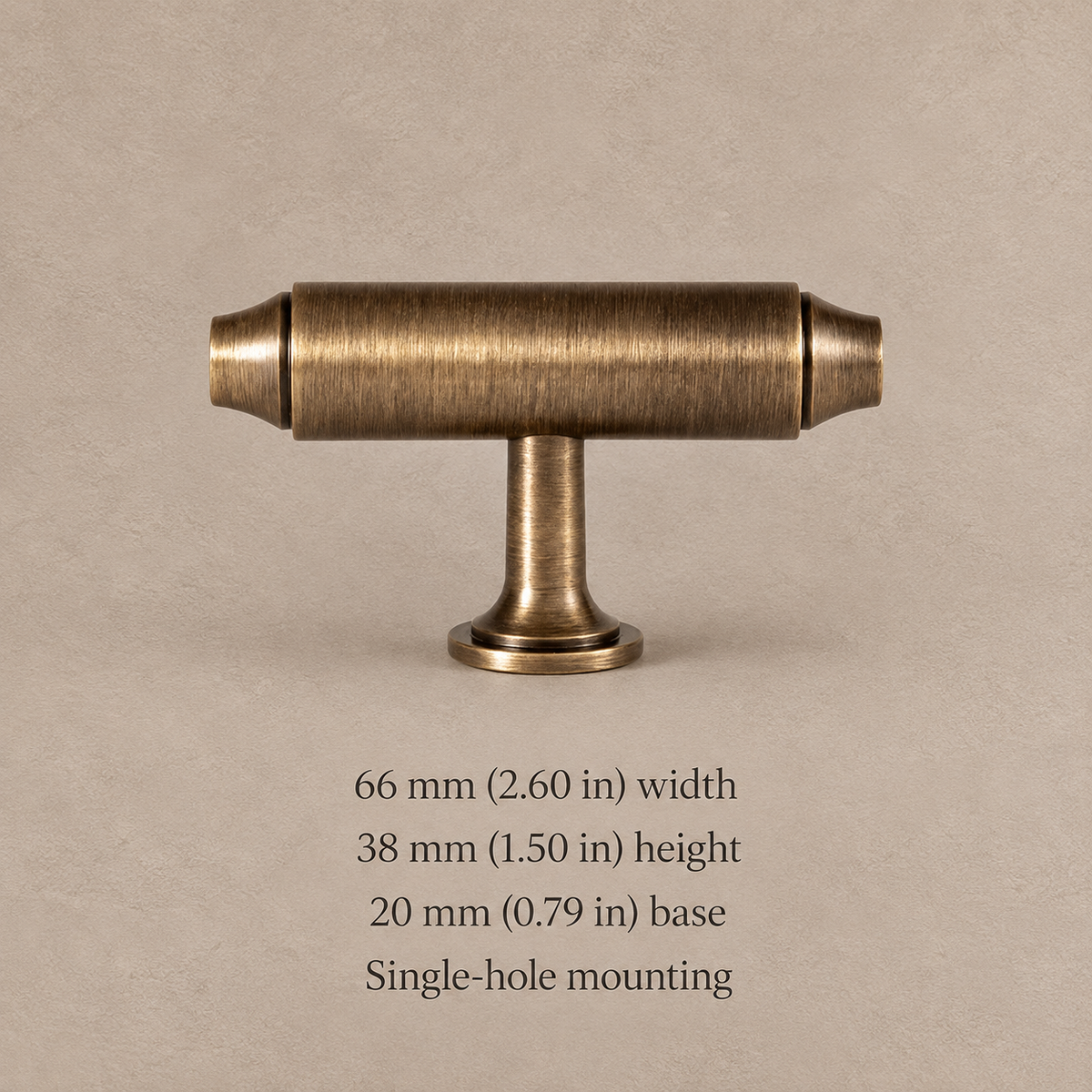 Antique brass T-knob, 66 mm (2.60 in) overall width and single-hole mounting