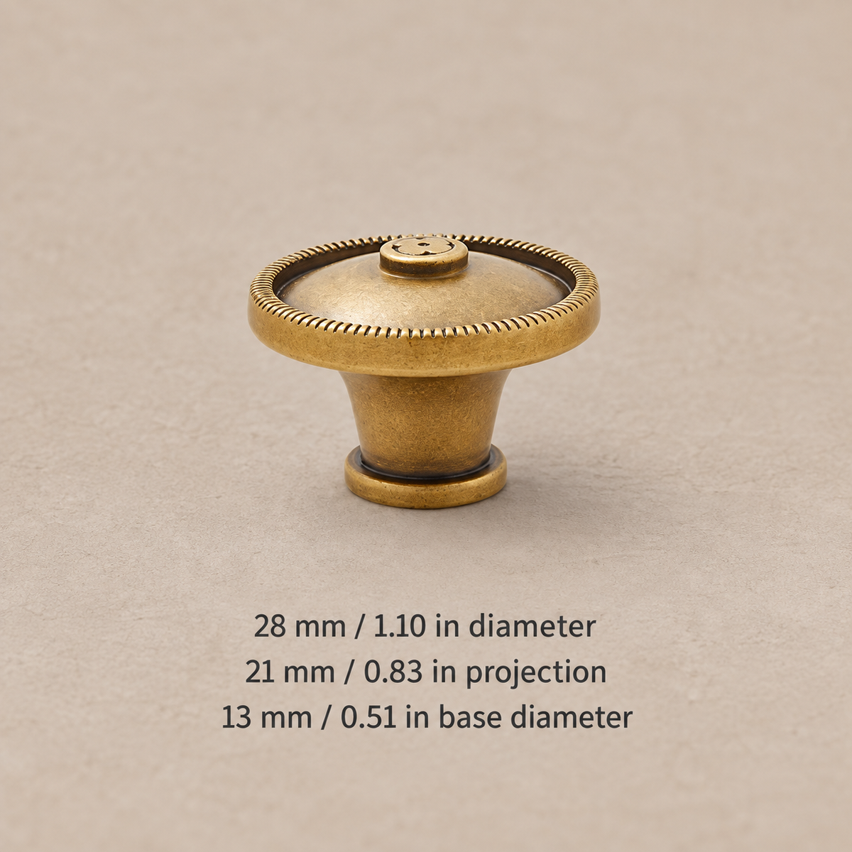 Solid brass cabinet knob — antique beaded28 — dimensions in millimetres and inches