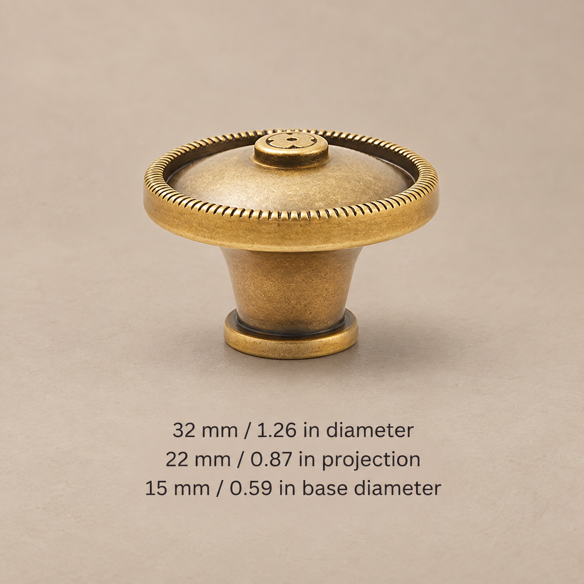 Solid brass cabinet knob — antique beaded32 — dimensions in millimetres and inches
