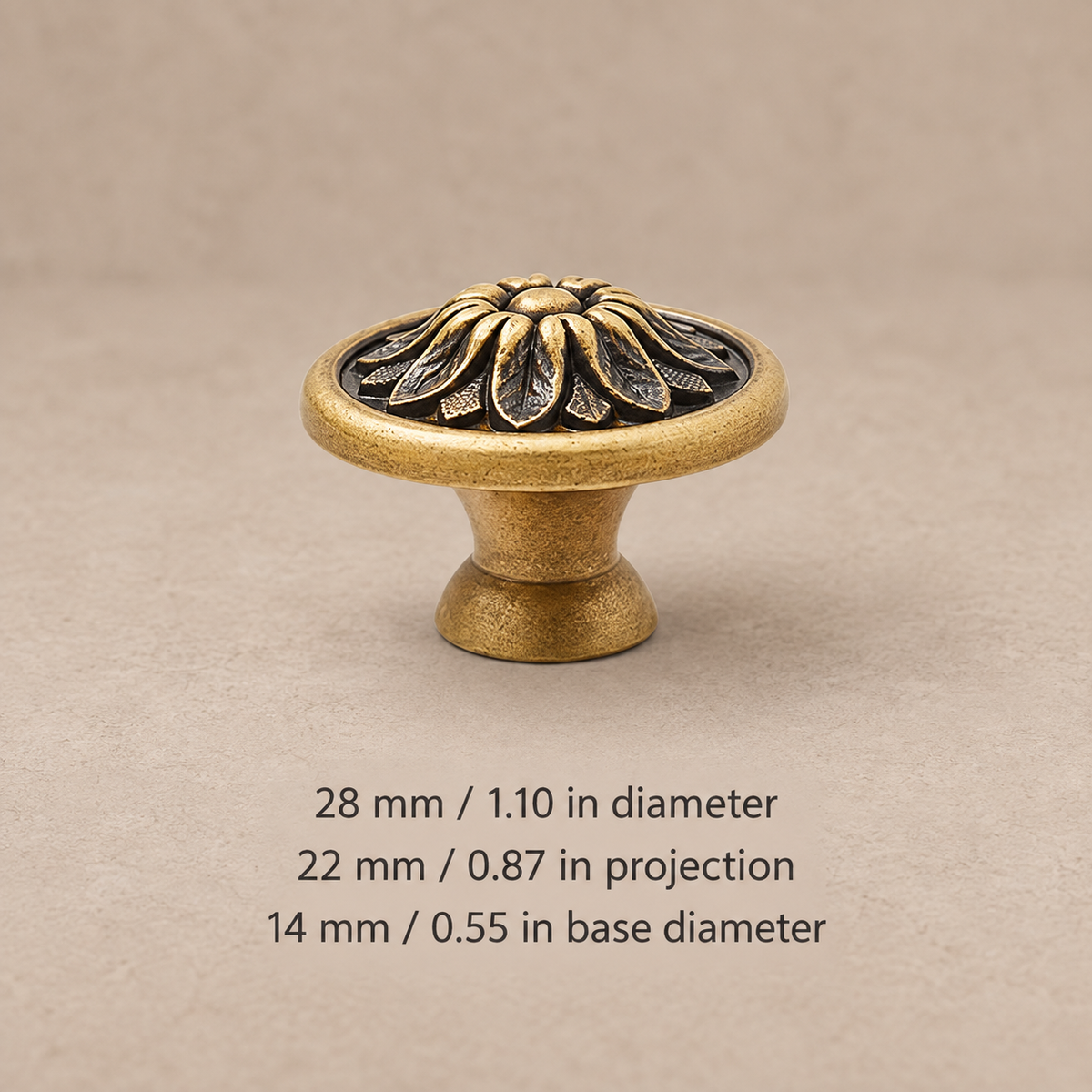 Solid brass cabinet knob — antique floral28 — dimensions in millimetres and inches