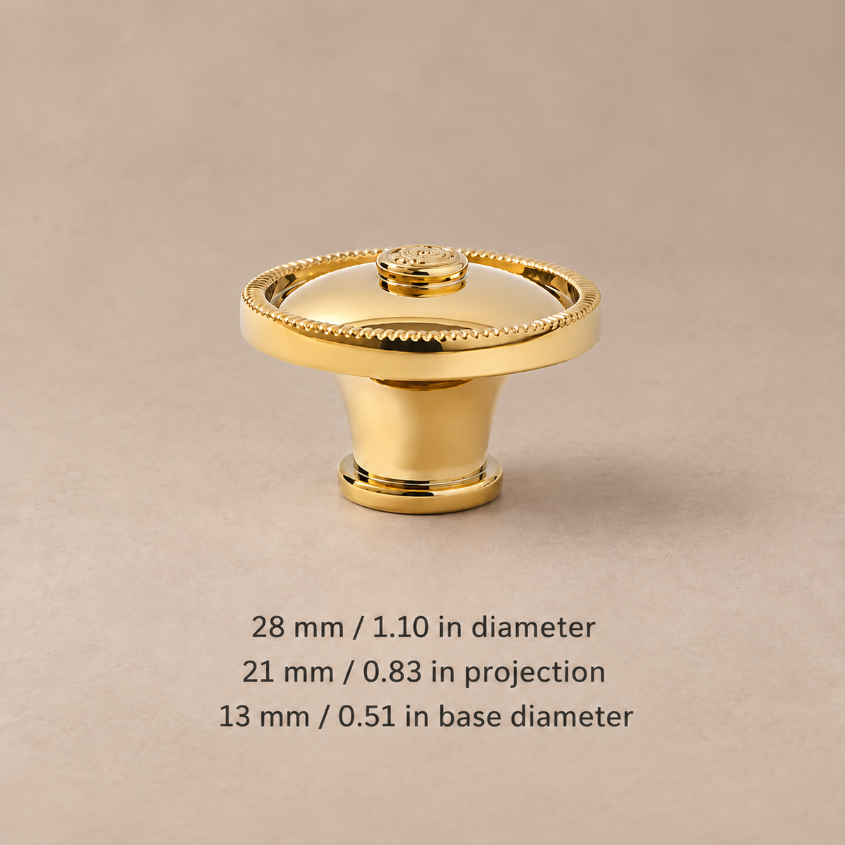 Solid brass cabinet knob — gold beaded28 — dimensions in millimetres and inches