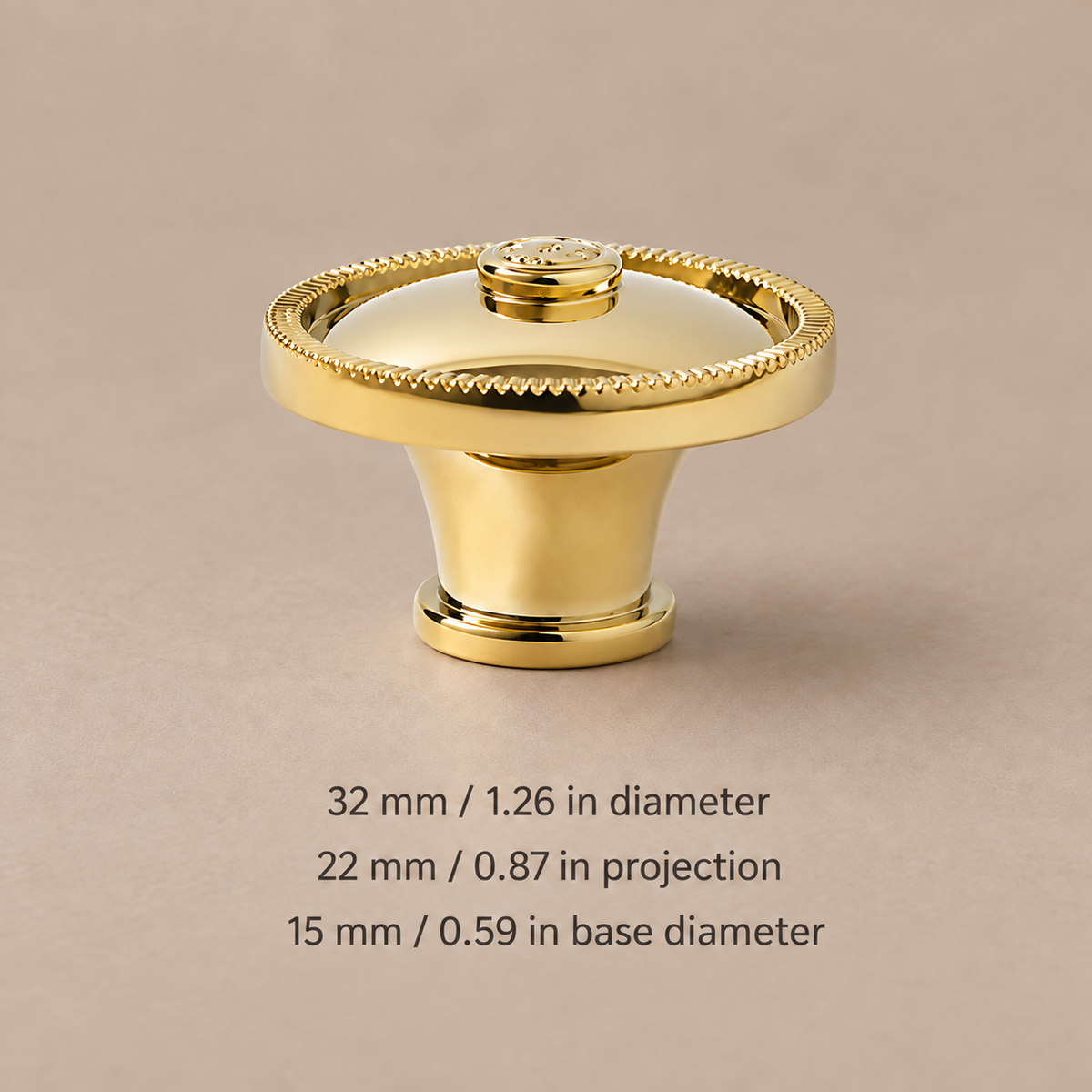 Solid brass cabinet knob — gold beaded32 — dimensions in millimetres and inches