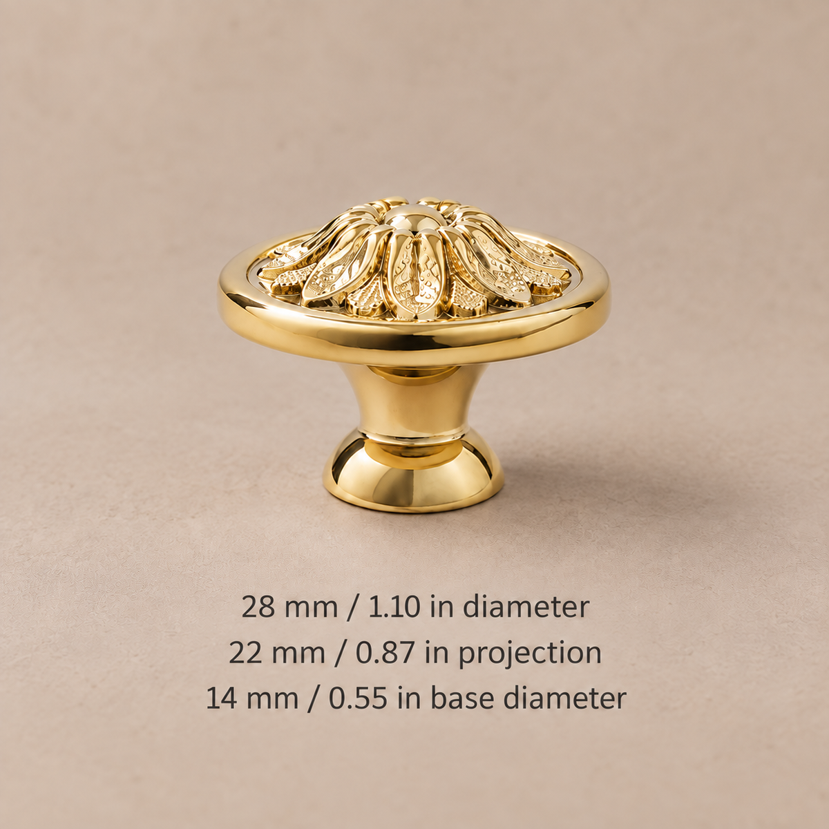 Solid brass cabinet knob — gold floral28 — dimensions in millimetres and inches