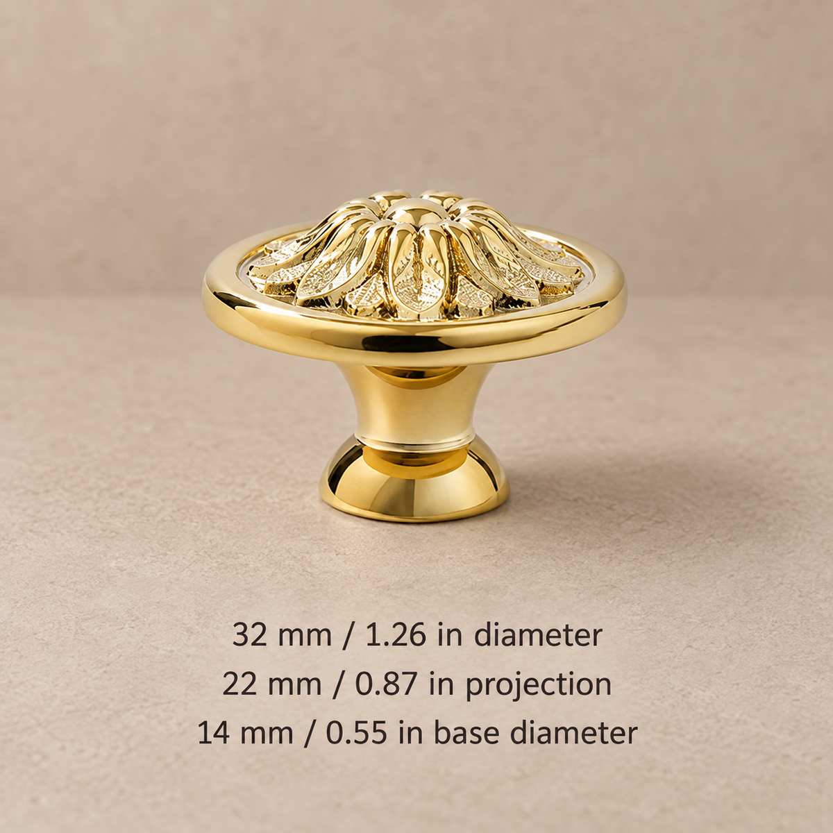 Solid brass cabinet knob — gold floral32 — dimensions in millimetres and inches