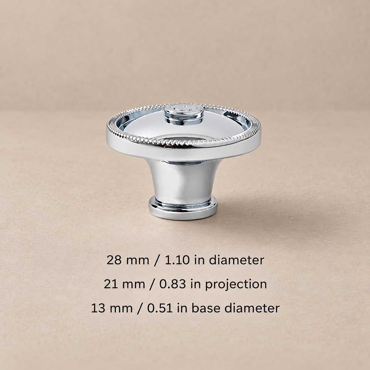 Solid brass cabinet knob — silver beaded28 — dimensions in millimetres and inches
