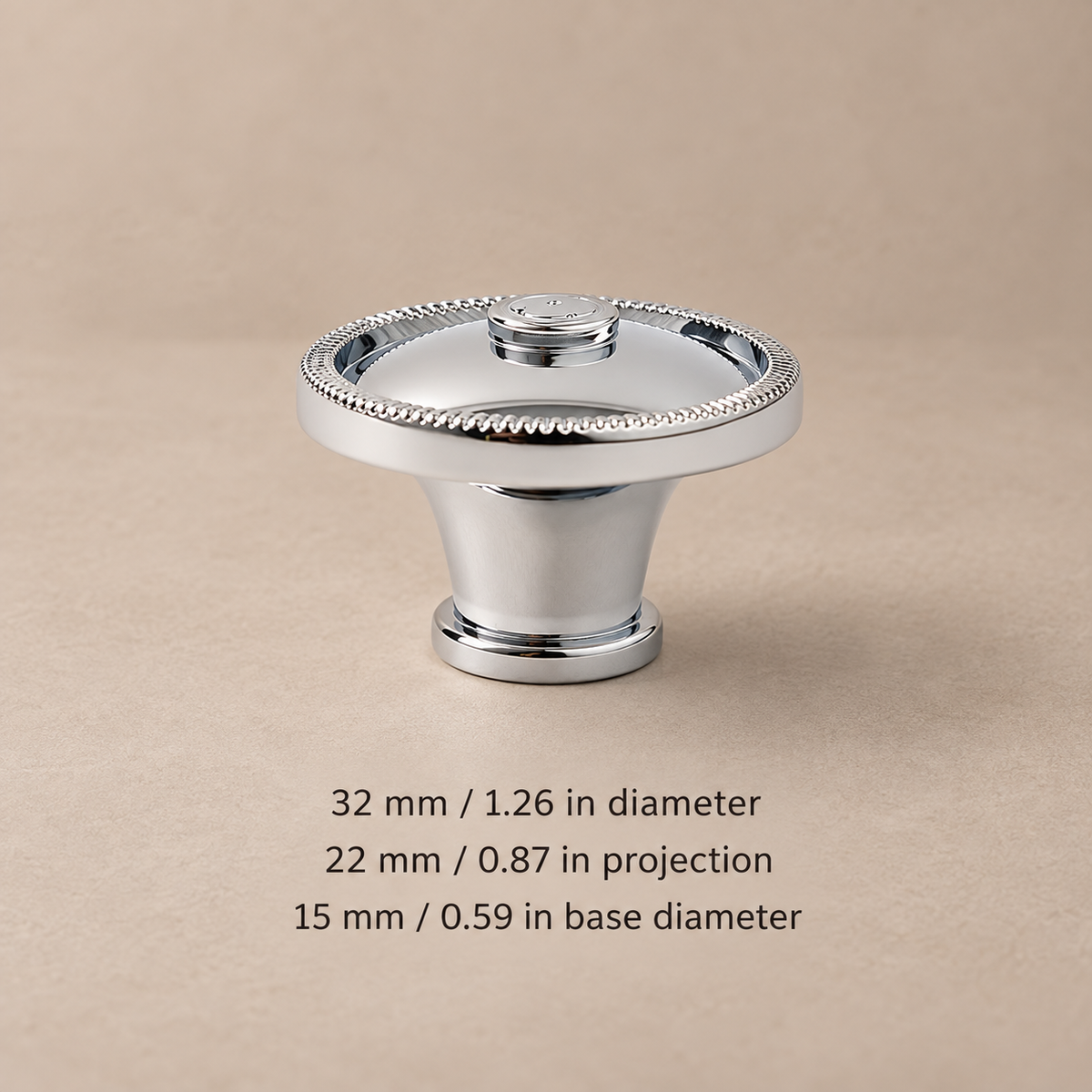 Solid brass cabinet knob — silver beaded32 — dimensions in millimetres and inches